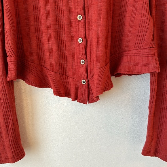 Pilcro Anthropologie Red Button Down Puff Sleeve Ribbed Knit Cardigan Top Sz S - Picture 4 of 14